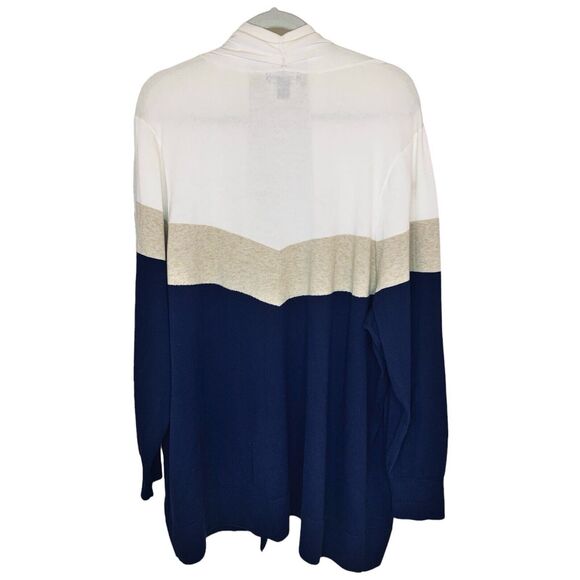 Lands End Open Front Cardigan Sweater Plus Size 3x Navy Tan Ivory Color Block - Picture 2 of 6